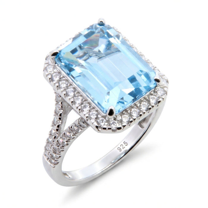 Silver Emerald Cut Statement Ring | Aqua Blue