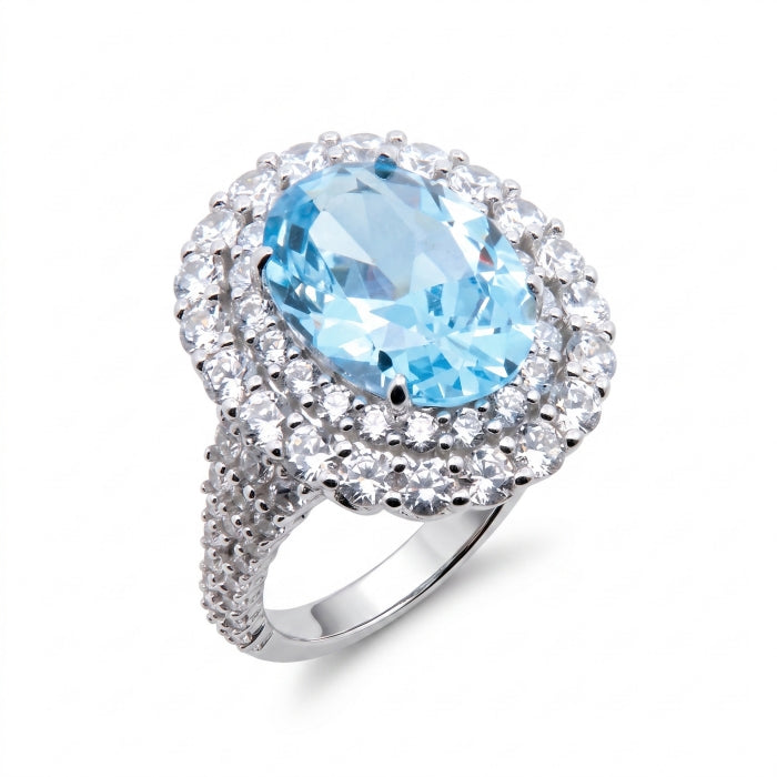 Silver Oval Cut Statement Ring | Aqua Blue