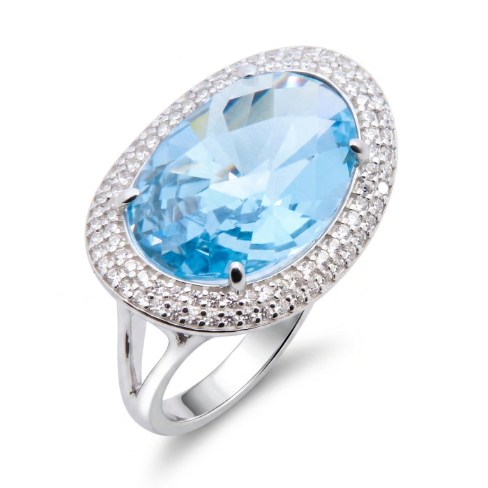 Silver Oval East West CZ Ring | Aqua Blue