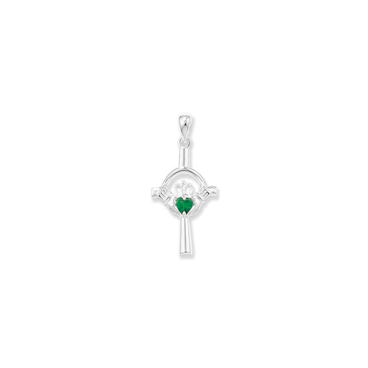 Silver Green CZ Claddagh Celtic Cross Necklace