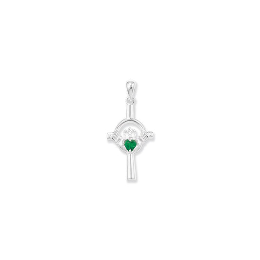 Silver Green CZ Claddagh Celtic Cross Necklace - John Ross Jewellers