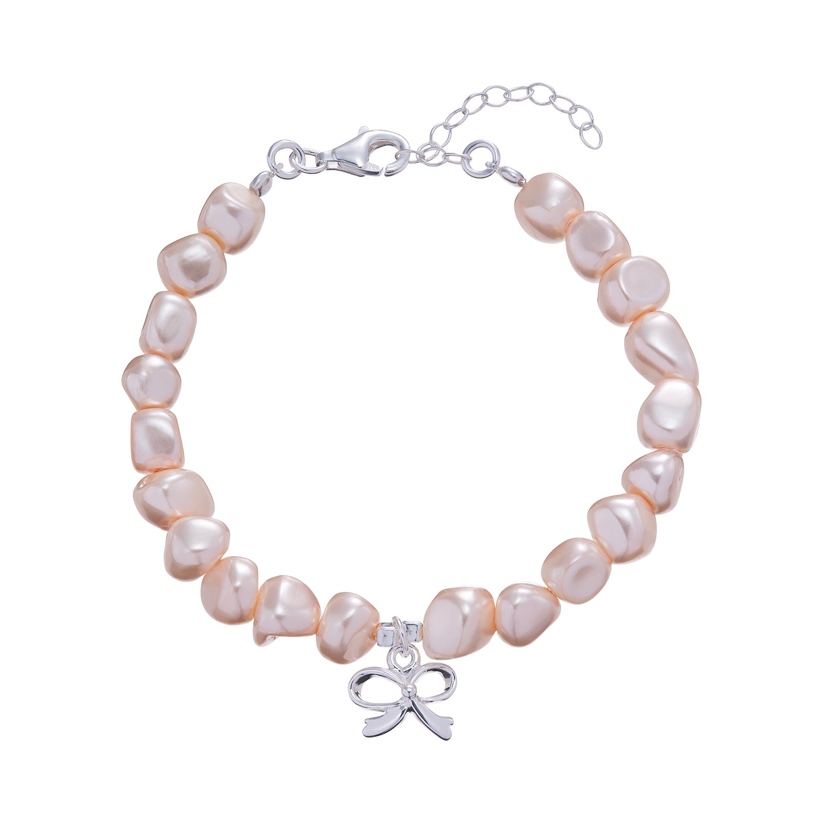 Kurate kids peachy pink freshwater pearl bracelet with bow charm, featuring a delicate and colorful jewelry accessory for children.