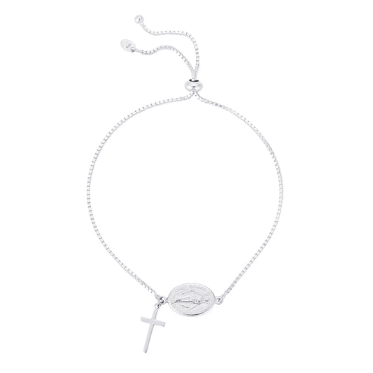 Silver Miraculous Medal & Cross Drawstring Bracelet - John Ross Jewellers