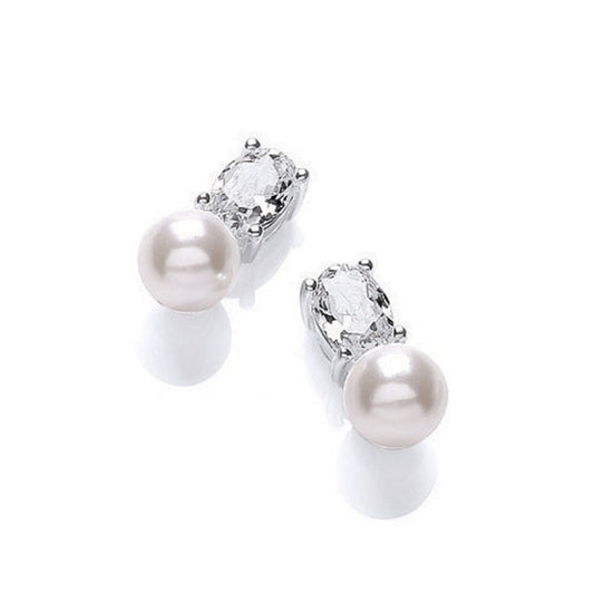 Silver Pearl & Oval CZ Stud Earrings - John Ross Jewellers