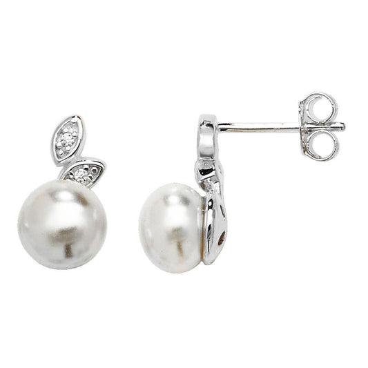 Silver Pearl & Leaf Set CZ Stud Earrings - John Ross Jewellers