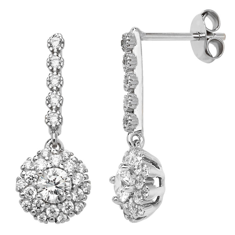 Silver CZ Halo Drop Earrings - John Ross Jewellers