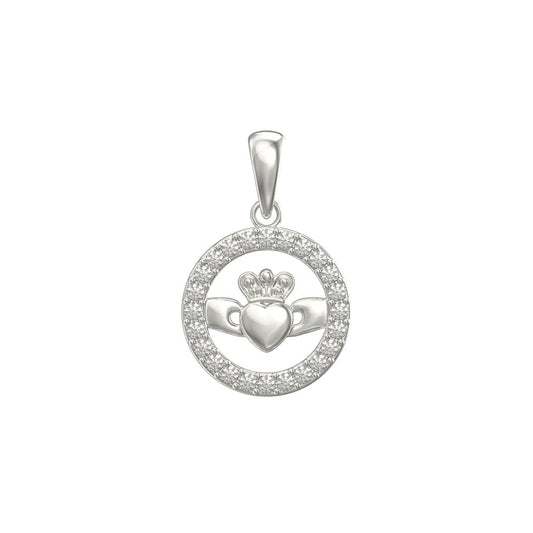 Silver CZ Halo Claddagh Necklace