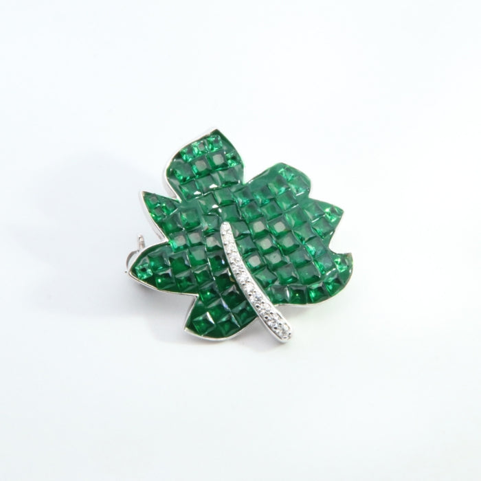 Silver Pretty Leaf CZ Brooch | Emerald Green