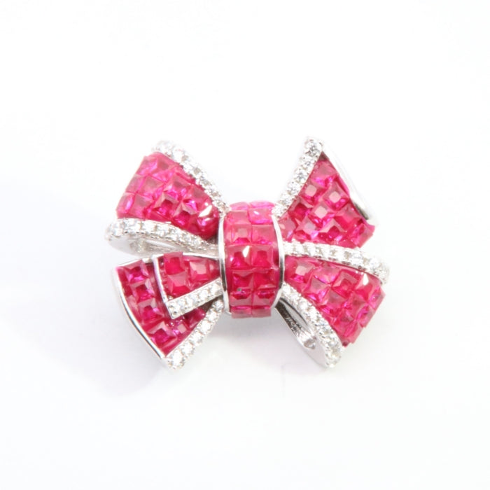 Silver Darling Ribbon CZ Brooch | Ruby Red