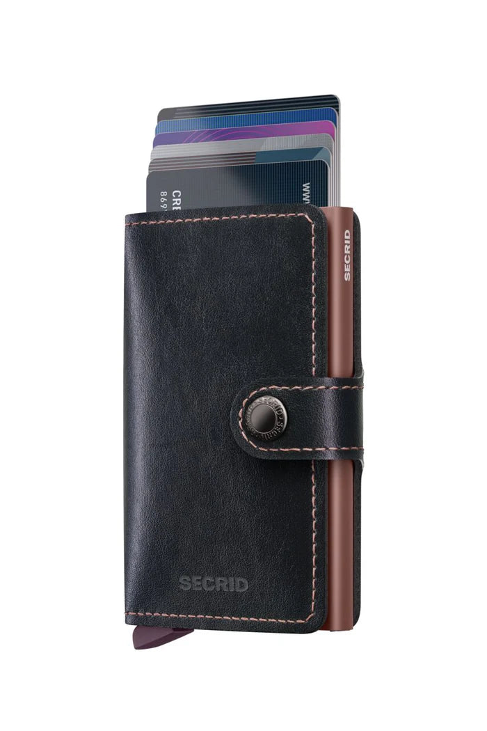 Secrid Miniwallet Mirum Black Rose with card slots and sleek design, compact leather wallet for cards and cash.