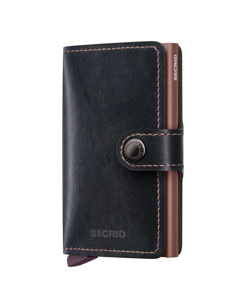 Secrid Miniwallet Mirum Black Rose with black and pink floral design, compact leather wallet with card slots and sleek style.