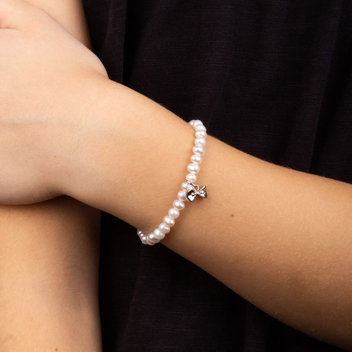 Kids Silver Diamond Bow & Pearl Bracelet | D for Diamond