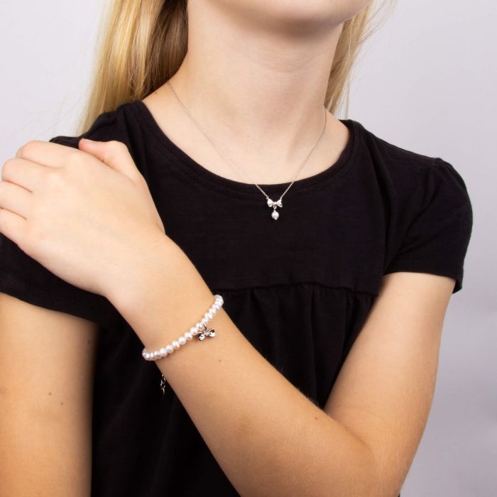 Kids Silver Diamond Bow & Pearl Bracelet | D for Diamond