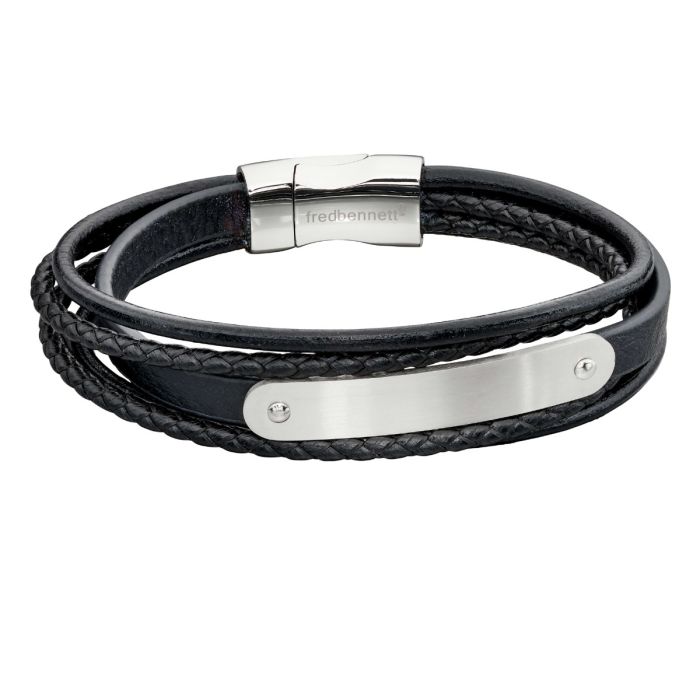 Fred Bennett Multi Strand Black Leather & ID Bar Bracelet - John Ross Jewellers