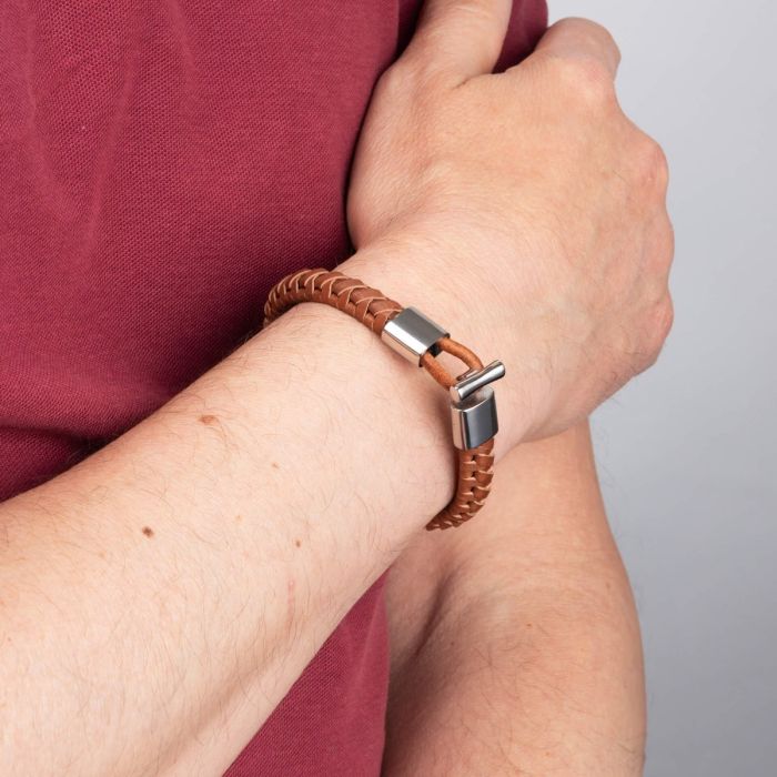Fred Bennett Brown Braided Leather Bracelet with T-Bar Clasp - John Ross Jewellers