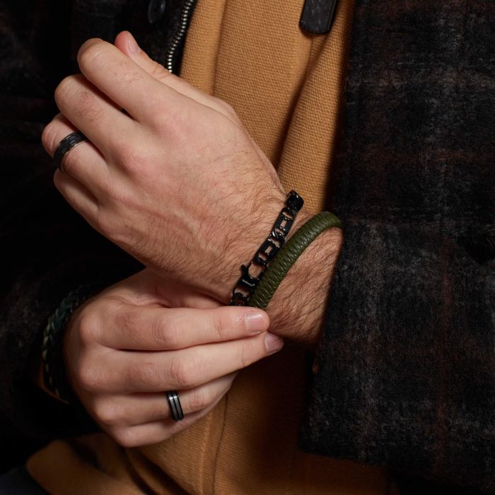 Fred Bennett Khaki Braided Leather Bracelet with Black Clasp - John Ross Jewellers