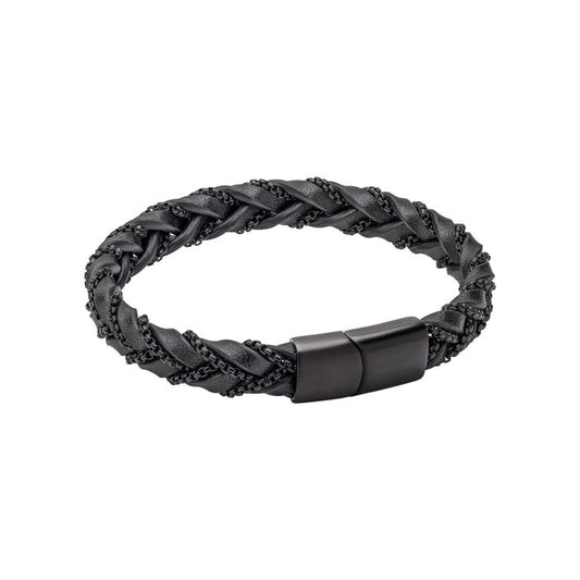 Fred Bennett Chain Plait Black Leather Bracelet - John Ross Jewellers