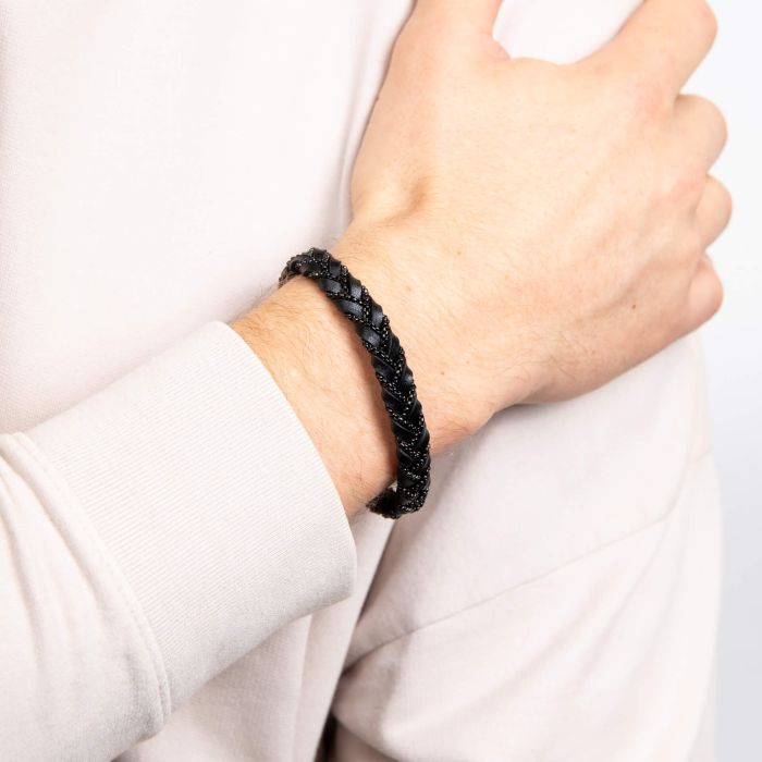 Fred Bennett Chain Plait Black Leather Bracelet - John Ross Jewellers