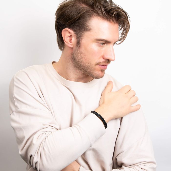 Fred Bennett Chain Plait Black Leather Bracelet - John Ross Jewellers