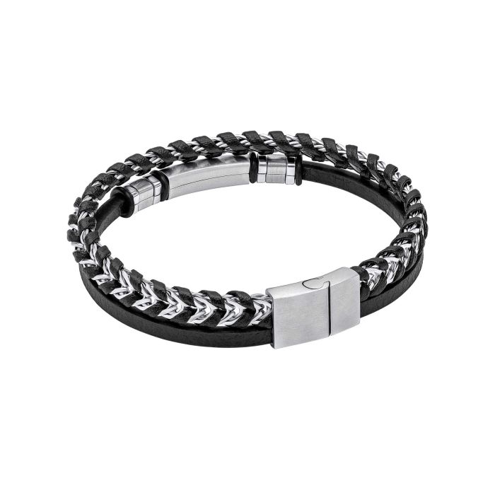 Fred Bennett Black Leather and Stainless Steel ID Bar Bracelet - John Ross Jewellers