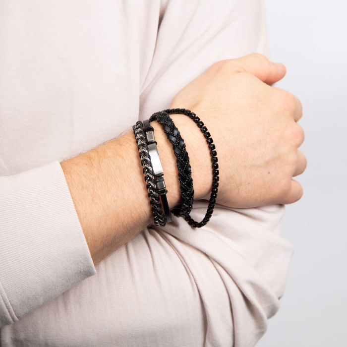 Fred Bennett Black Leather and Stainless Steel ID Bar Bracelet - John Ross Jewellers