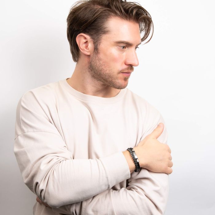 Fred Bennett Black Leather and Stainless Steel ID Bar Bracelet - John Ross Jewellers