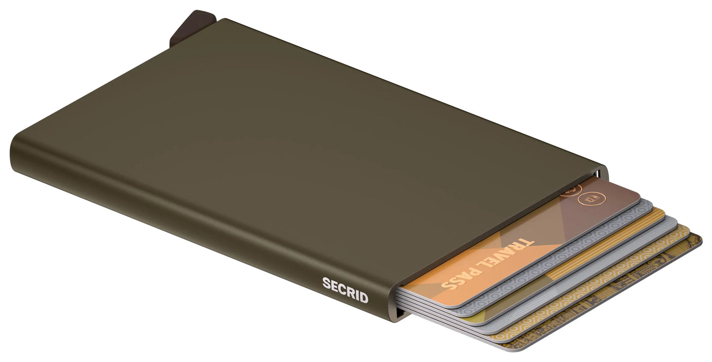 Open SECRID CardProtector Cedar wallet displaying card slots with cards inside, made of wood with a sleek, compact design.