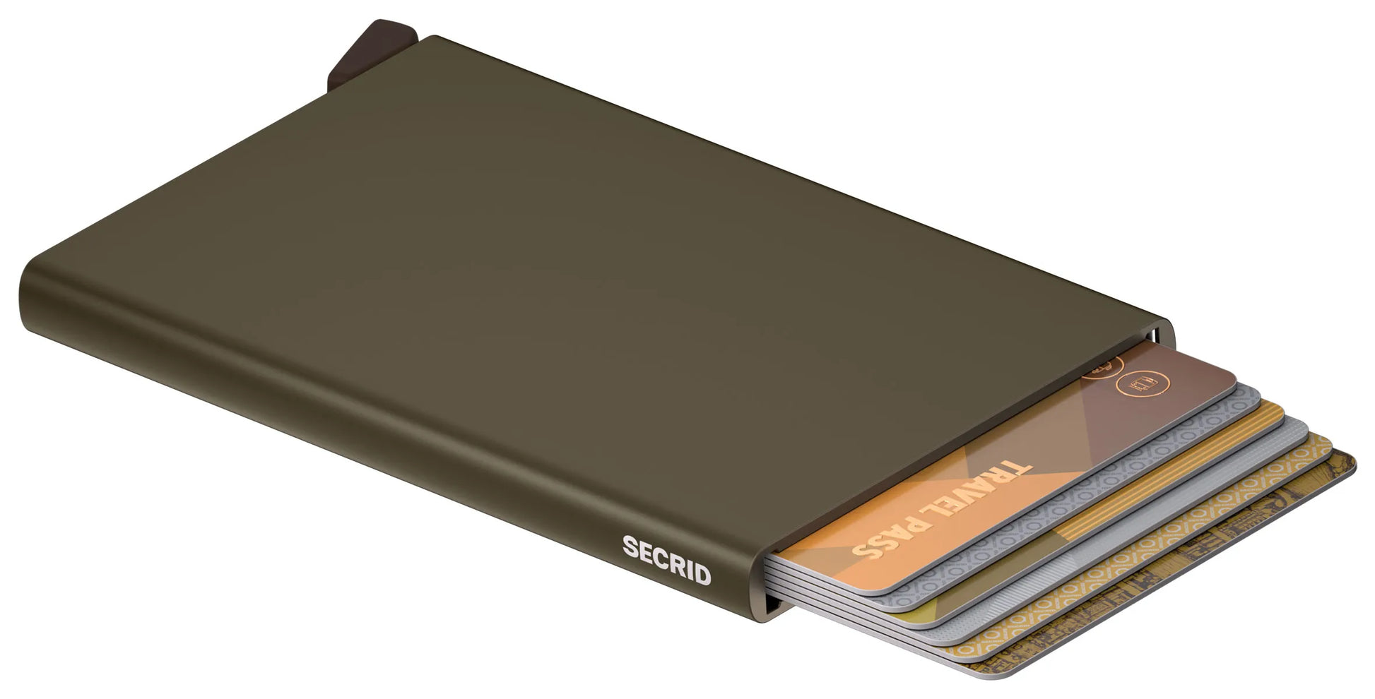 Open SECRID CardProtector Cedar wallet displaying card slots with cards inside, made of wood with a sleek, compact design.