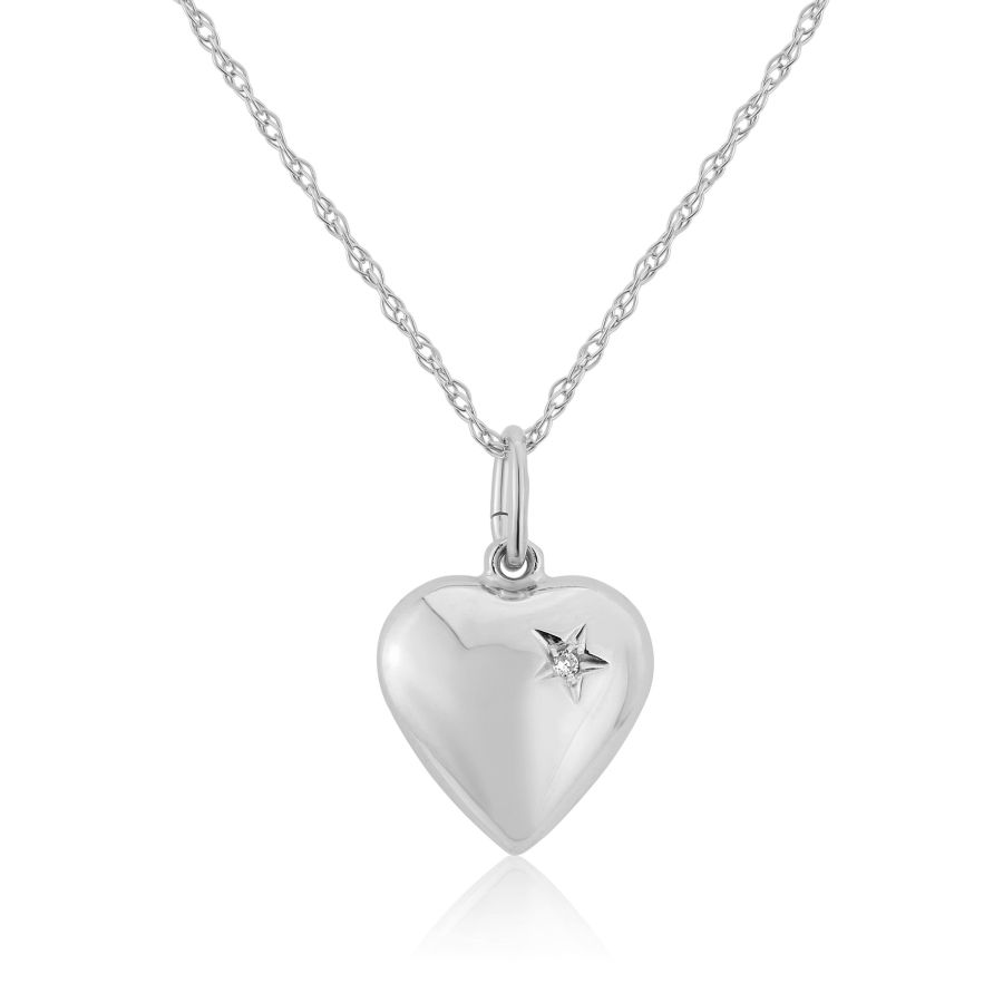 9ct White Gold Diamond Puffed Heart Necklace
