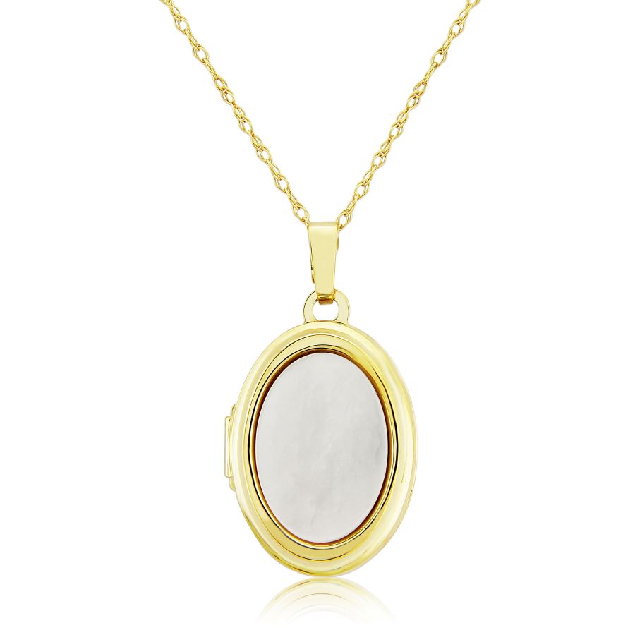 9ct gold oval mother of pearl locket necklace by Mark Milton, featuring a polished pearl inset and elegant chain.