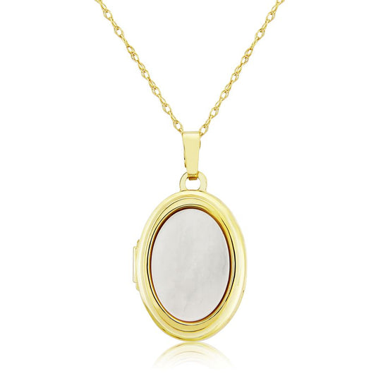 9ct gold oval mother of pearl locket necklace by Mark Milton, featuring a polished pearl inset and elegant chain.