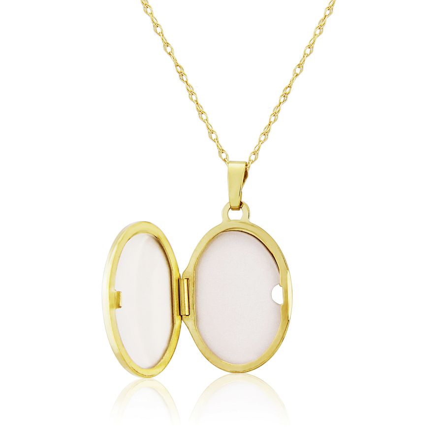 9ct gold oval mother of pearl locket necklace by Mark Milton, featuring a polished pearl inset on a gold chain.
