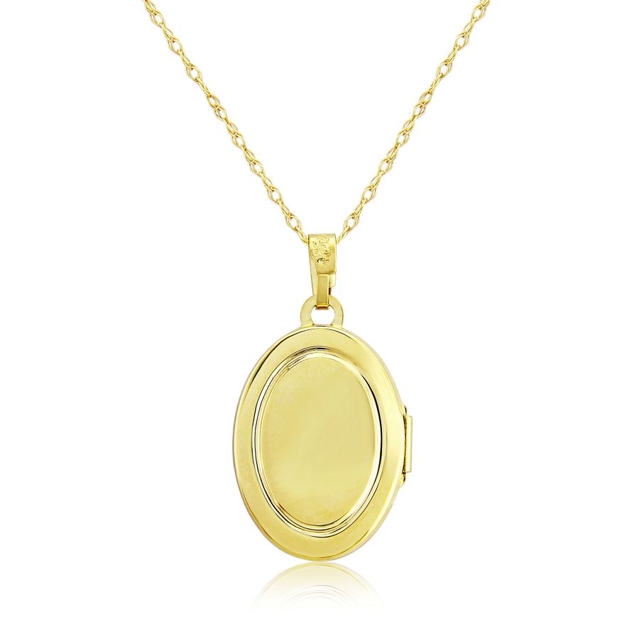9ct gold oval mother of pearl locket necklace by Mark Milton, featuring a polished mother of pearl pendant on a gold chain.