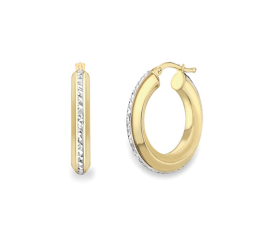 9ct Two Tone Diamond Cut Edged Hoop Earrings | 23mm