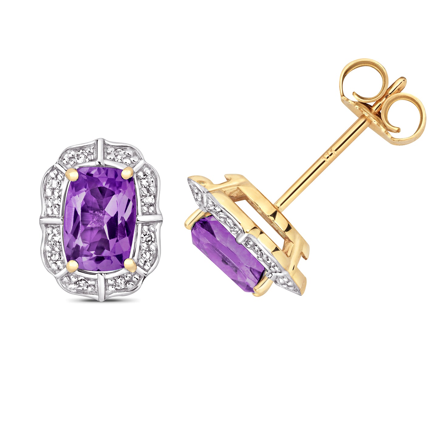 9ct Gold Amethyst & Diamond Stud Earrings | Vintage Style