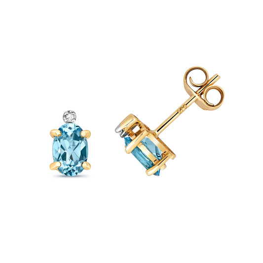 9ct Gold Swiss Oval Blue Topaz & Diamond Stud Earrings - John Ross Jewellers