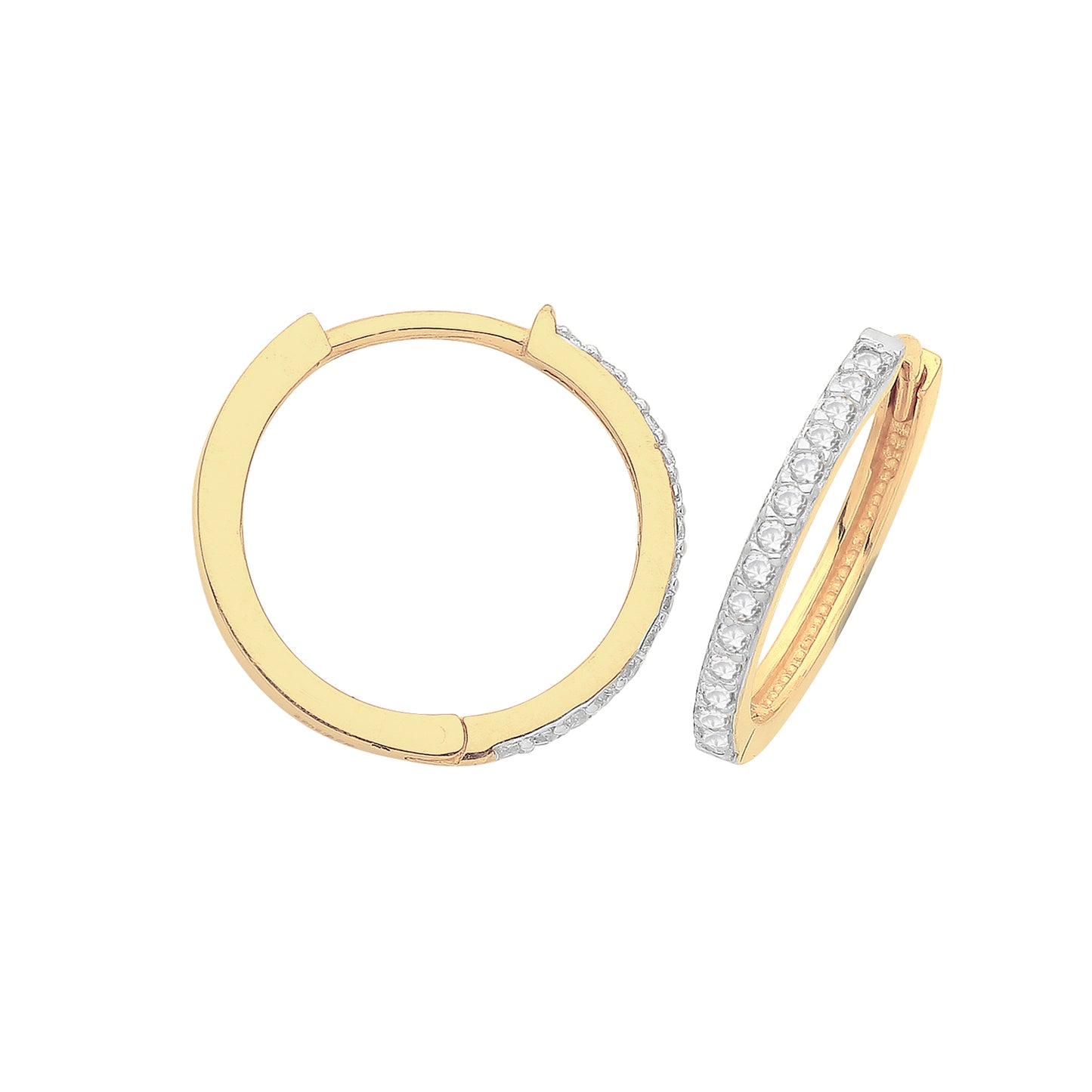 9ct gold huggie hoop earrings with 12mm size and white cubic zirconia stones, by THC, showcasing shiny, stylish jewelry.