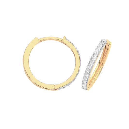 9ct gold huggie hoop earrings with 12mm size and white cubic zirconia stones, by THC, showcasing shiny, stylish jewelry.