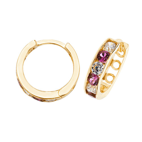 9ct Gold 11mm Huggie Hoop Earrings | Ruby Red & White CZ