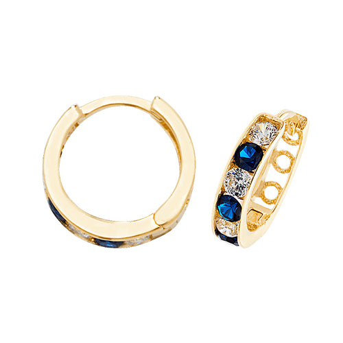 9ct Gold 11mm Huggie Hoop Earrings | Sapphire Blue & White CZ