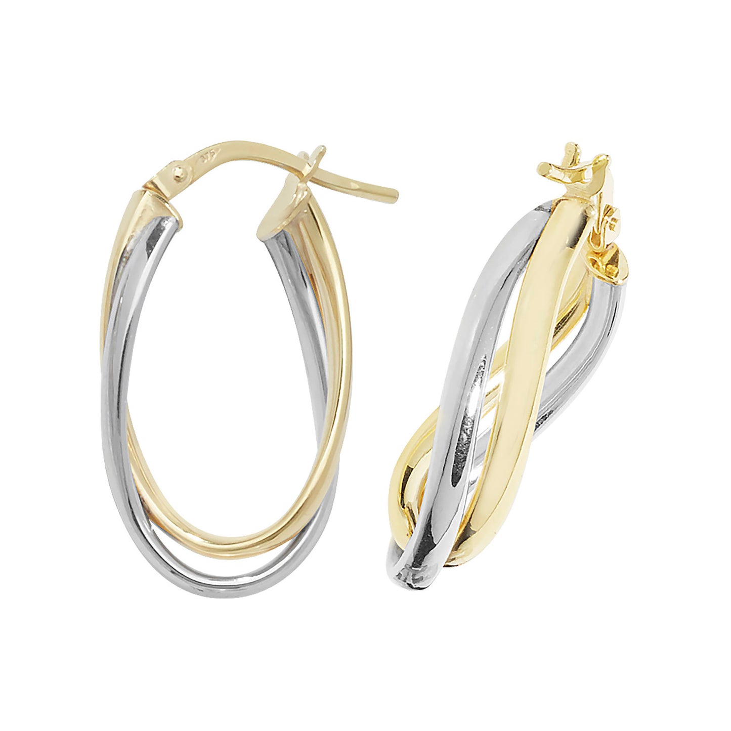 9ct Gold Classic Two Tone Hoop Earrings | Oval Tube - John Ross Jewellers