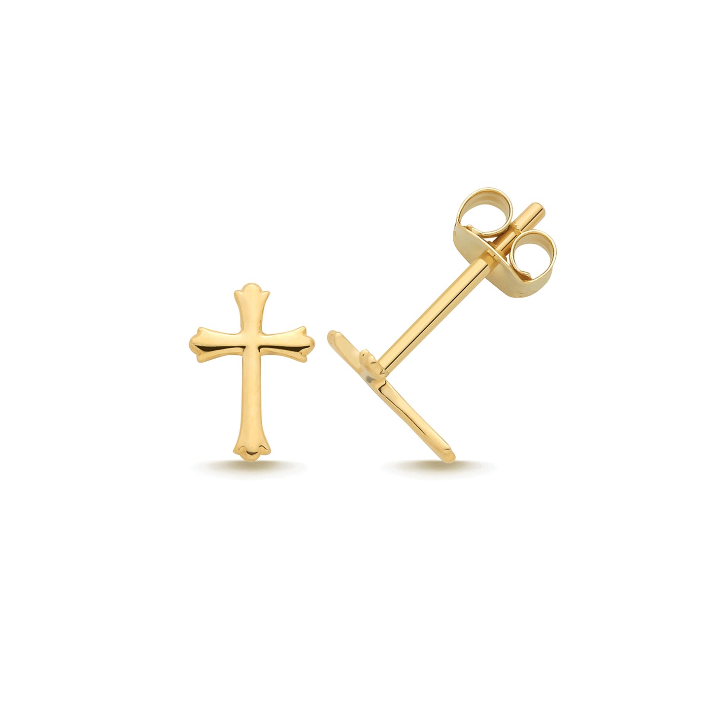 9ct gold cross stud earrings by THC, featuring small religious cross designs with secure butterfly backs.