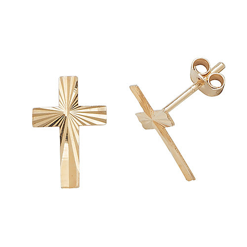 9ct gold cross stud earrings by THC, featuring small, polished gold crosses on classic earring posts.
