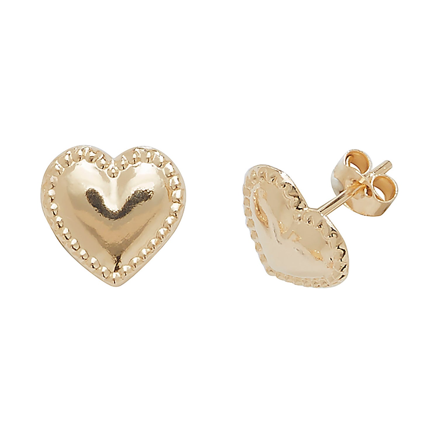 9ct gold heart-shaped stud earrings from THC featuring delicate, shiny heart designs for elegant everyday wear.
