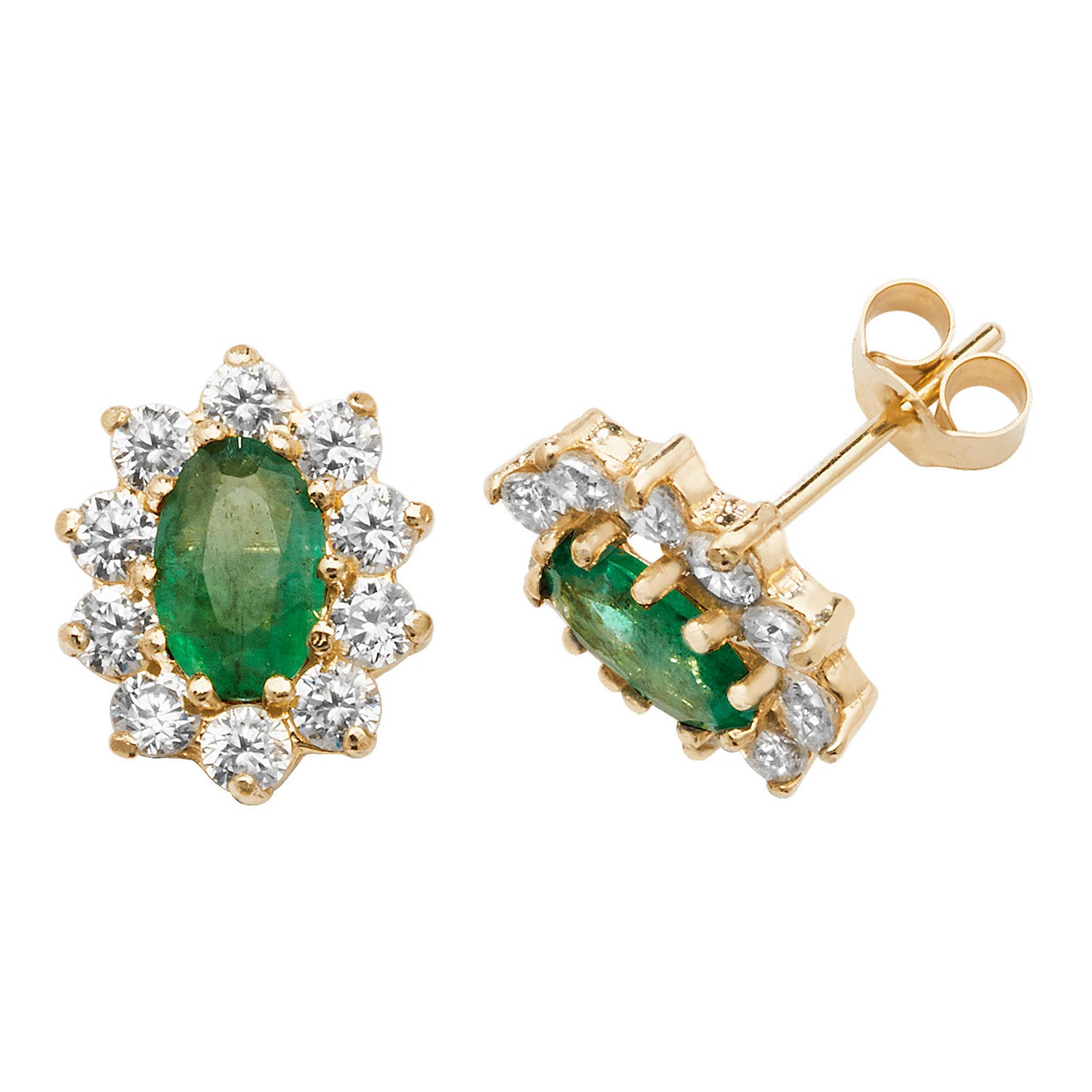 9ct Gold Emerald & CZ Oval Stud Earrings