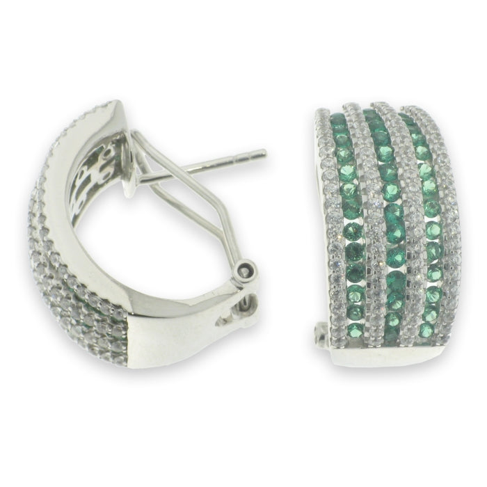 Silver CZ Ribbed J Hoop Earrings | Emerald Green