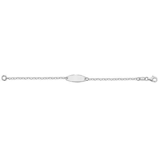 Silver child's identity bracelet by THC with engraved name tag and adjustable chain for kids' safety and style.