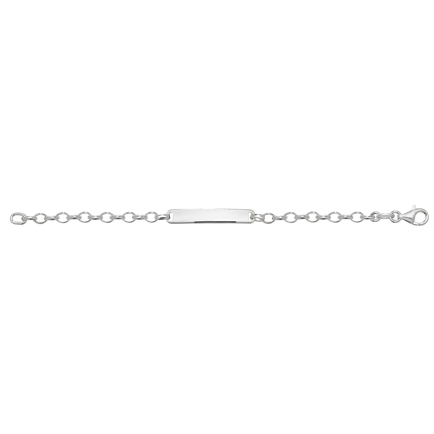 Silver child's identity bracelet by THC featuring engraved name and colorful beads, designed for children's safety and style.