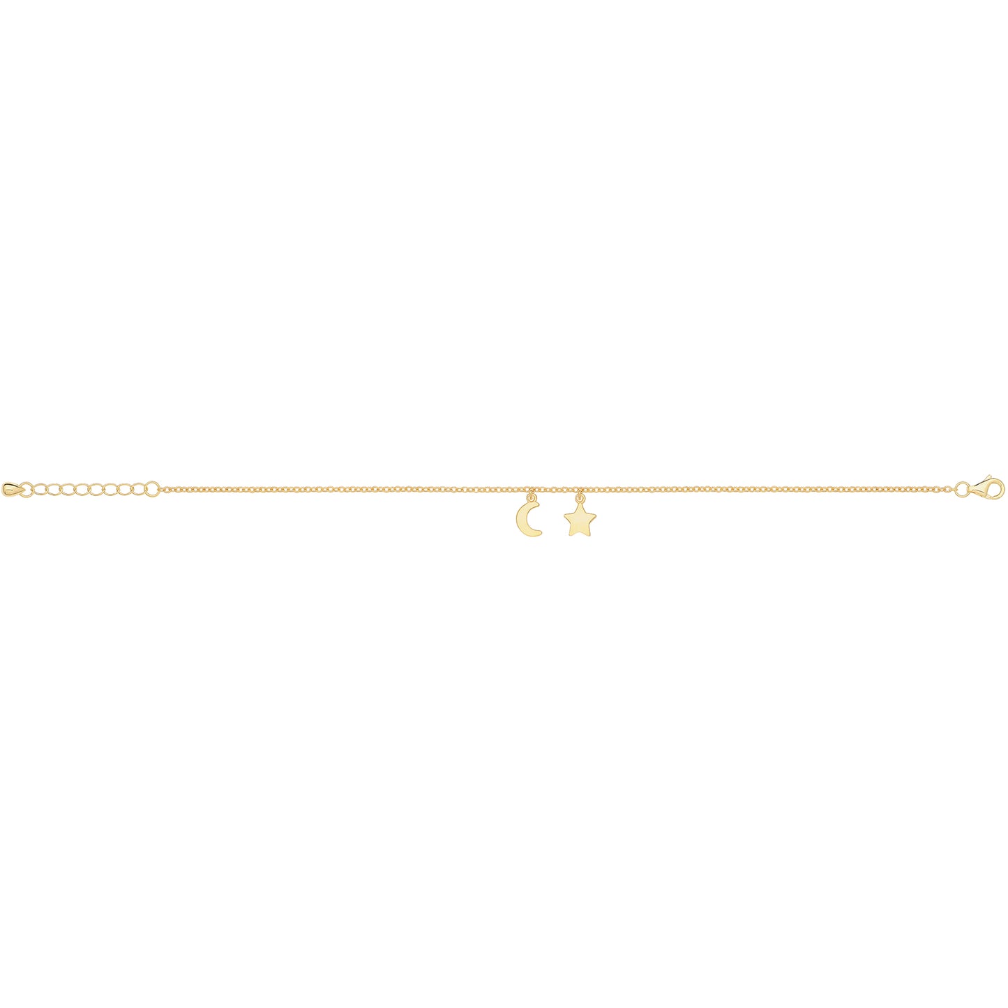 THC Sunshine Moon & Star Charm Bracelet with gold-tone charms on a delicate chain, stylish jewelry accessory.