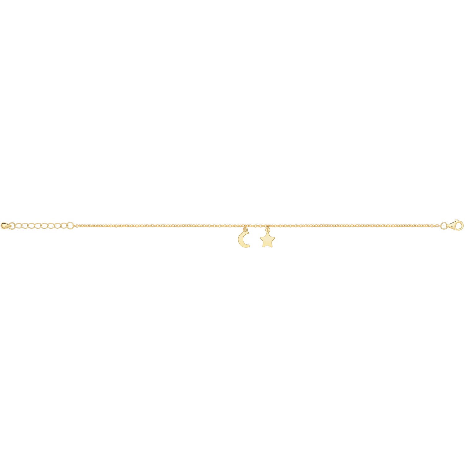 THC Sunshine Moon & Star Charm Bracelet with gold-tone charms on a delicate chain, stylish jewelry accessory.
